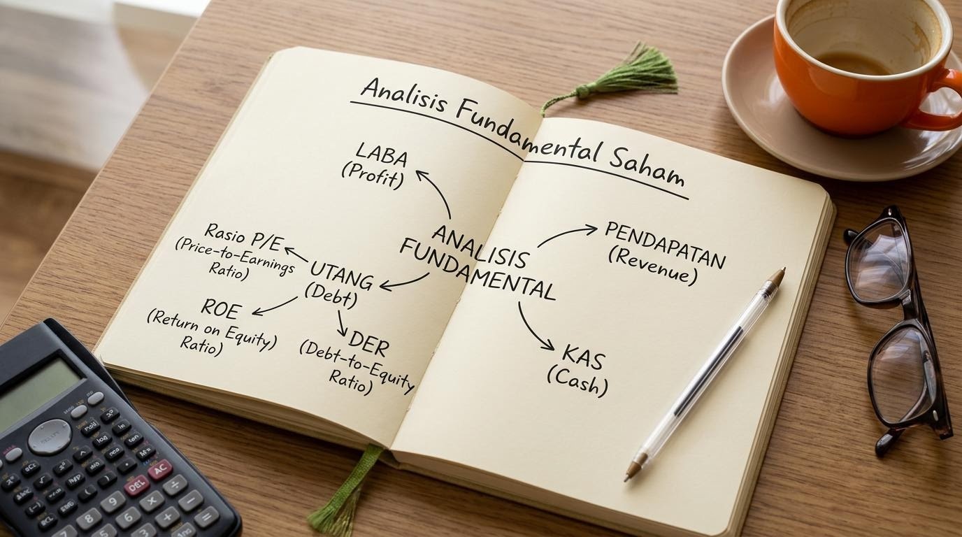 Sketsa pohon konsep analisis fundamental di buku catatan
