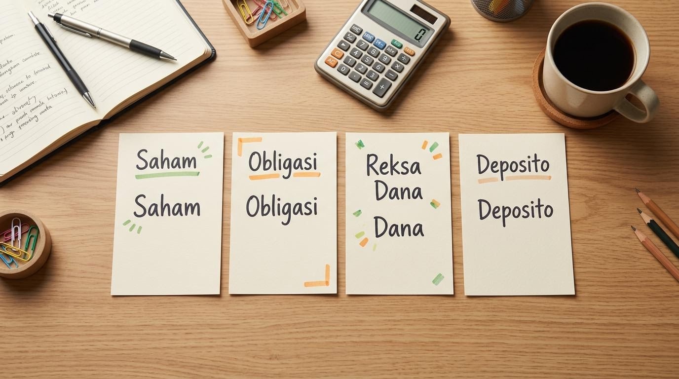 Kartu kertas bertuliskan instrumen investasi di meja